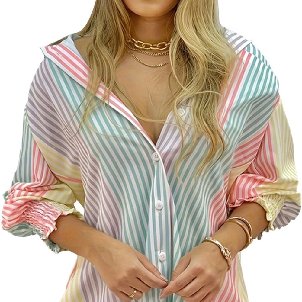 M ChicMe Women Striped Button Down Collar Shirt Casual Long Sleeve Blouse Top